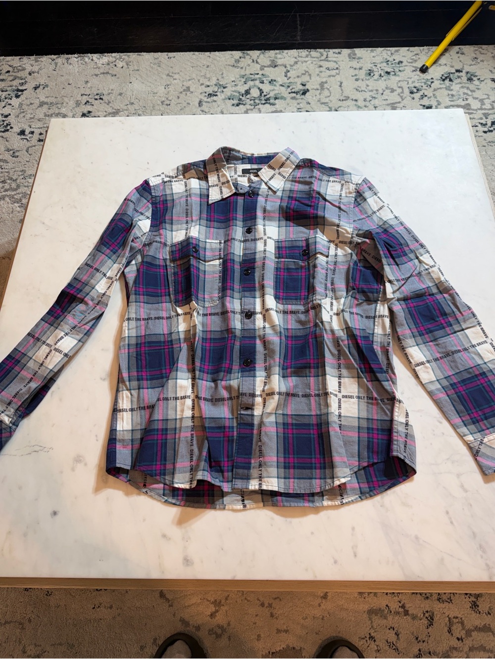Diesel Blue/Green, Pink and White Plaid Cotton Button-Up